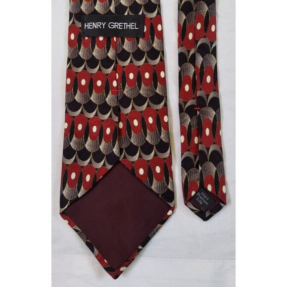 Henry Grethel Italian Silk Mens Tie Red Gray Black Abstract Oval Pattern Necktie - Picture 2 of 4